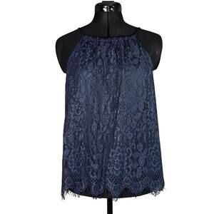 Navy Blue Women’s Medium Lace Halter Tunic Blouse Lined Eyelash Fringe Summer